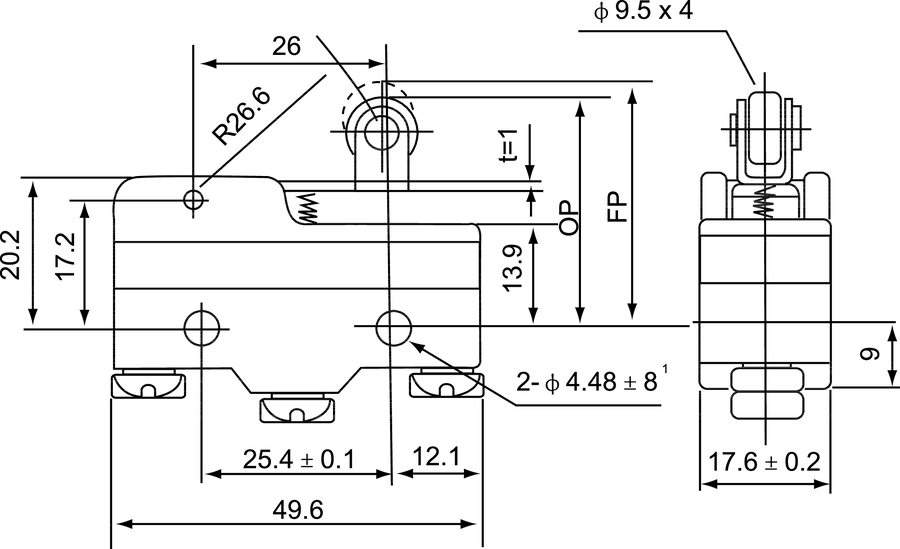 MS\1704 Міні-вимикач ролик на короткому важелі - Розміри
